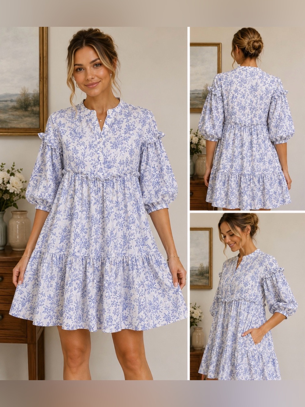 Bucket List Blue White Floral Babydoll Dress S Pockets Cottagecore Cotton Boho